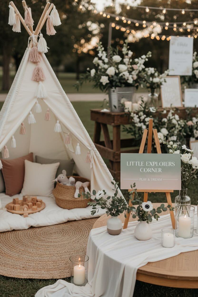 Κομψό kids corner με teepee σκηνή σε δεξίωση γάμου